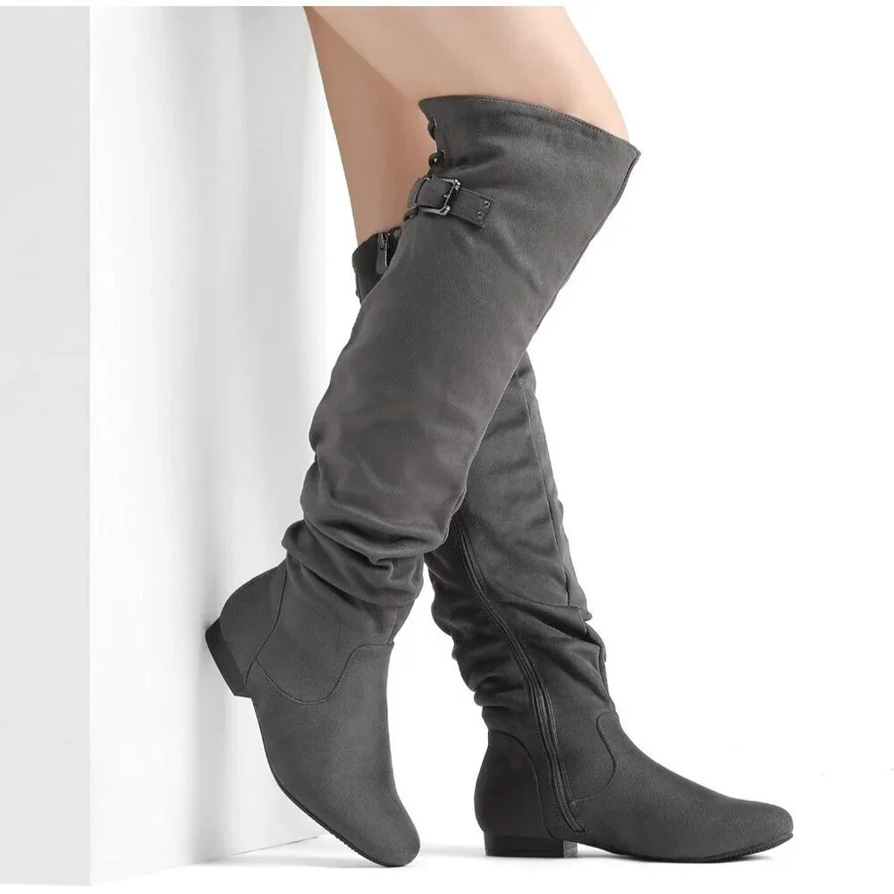 Women's Grey Suede Over The Knee Thigh High Winter Low Heel Western Boots